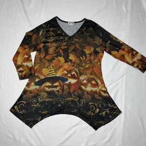 One World Halloween Pumpkin V-neck Orange Black Tunic Top Women's Small Blouse